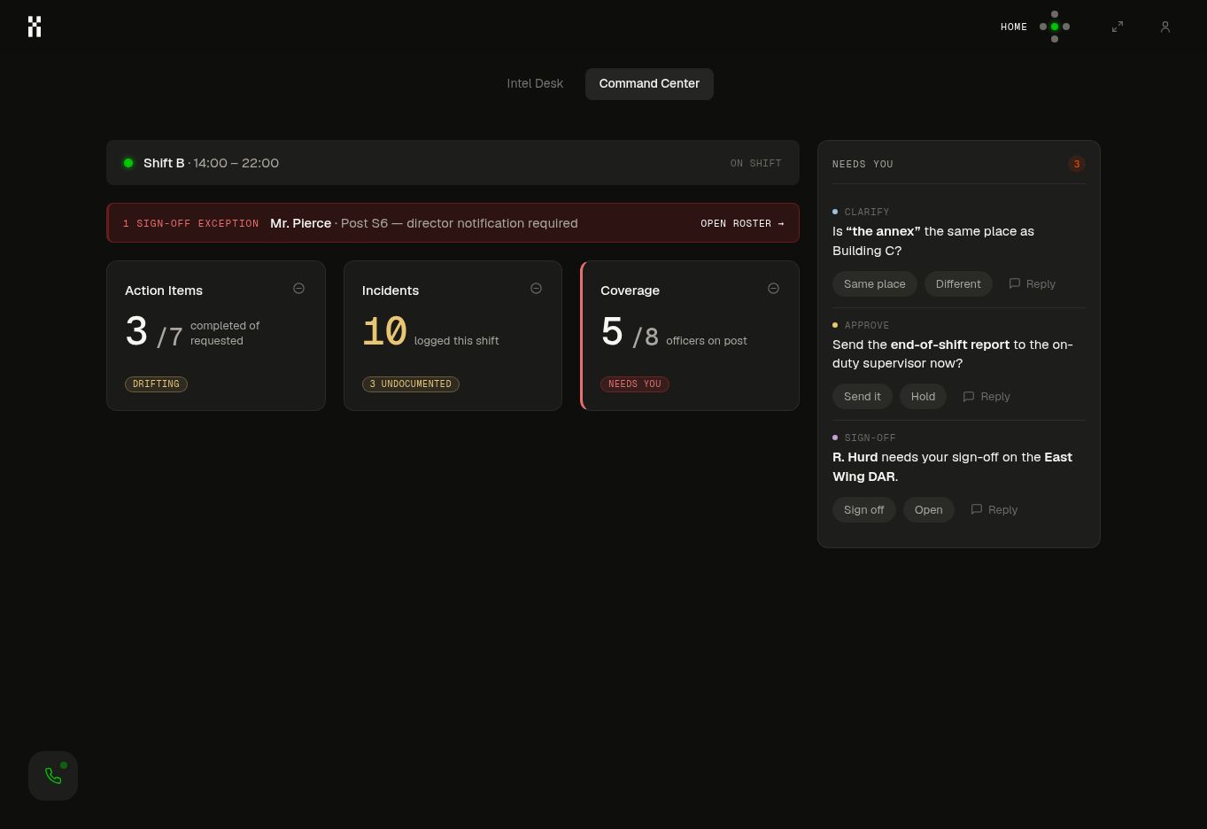 Humantic Command Center with operational Intel Apps and items needing review.